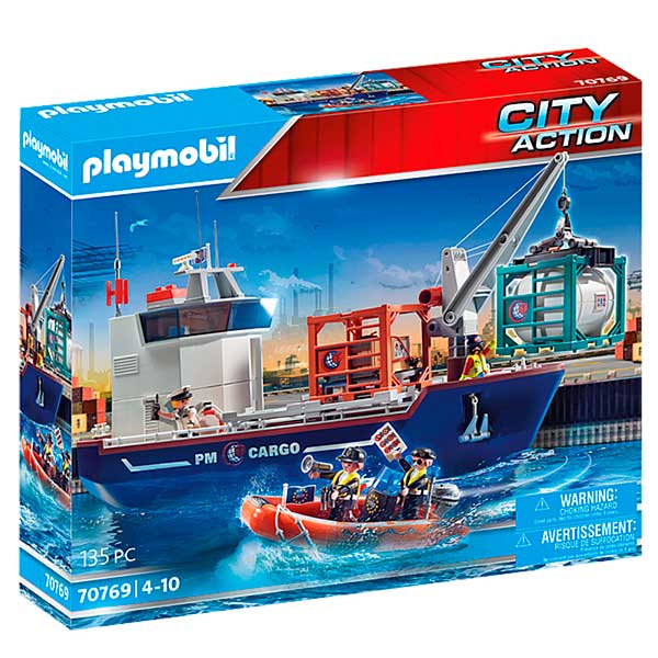 Playmobil 70769 Gran Buque Portacontenedores con Barco Aduanero